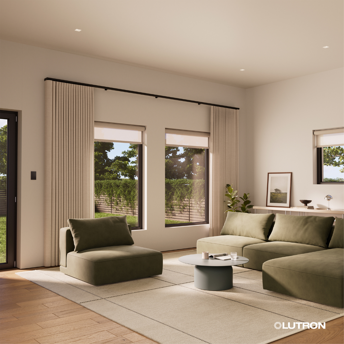 Lutron Palladiom motorized drapery in a modern Long Island living room
