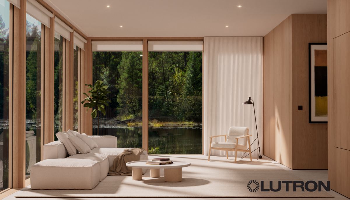 Lutron recessed roller shades and drapery in a modern wood-paneled room