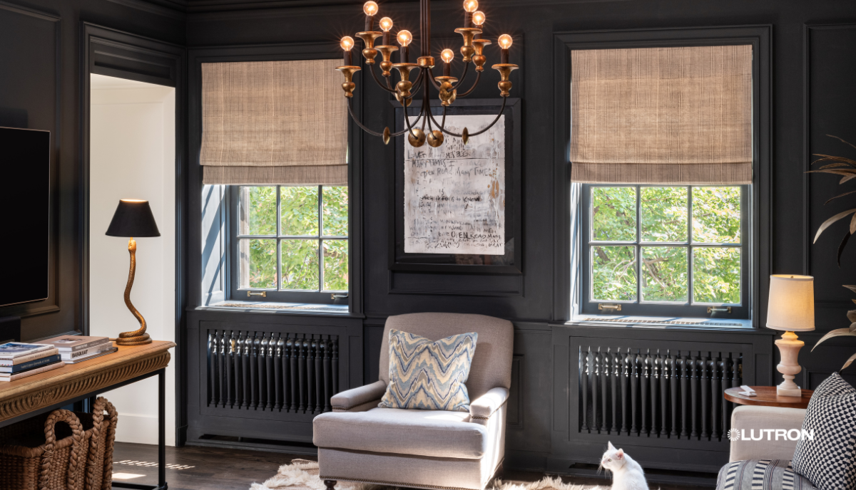 Lutron Triathlon motorized roman shades in a dark, moody living room