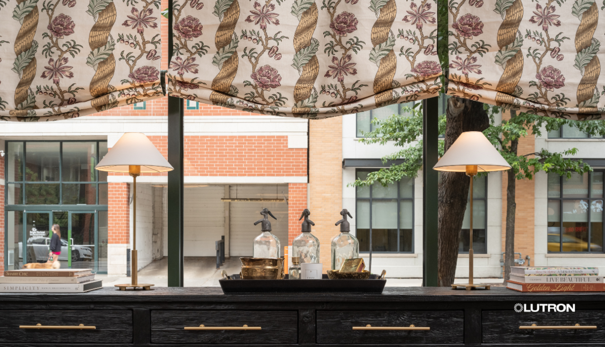 Lutron Triathlon roman shade fabric styled in a home